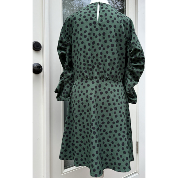 Women's Small Polka Dot Puff Sleeve Dress Green Black Retro Modest Fit & Flare - Picture 9 of 13